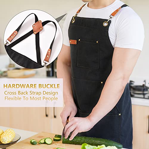 Aoomzoon Canvas Aprons for Men Chef Apron, Work Apron with Large Pockets - Durable 16oz Heavy Duty Cross Back, BBQ, Cooking (Black②, 1 Pack) - Image 2