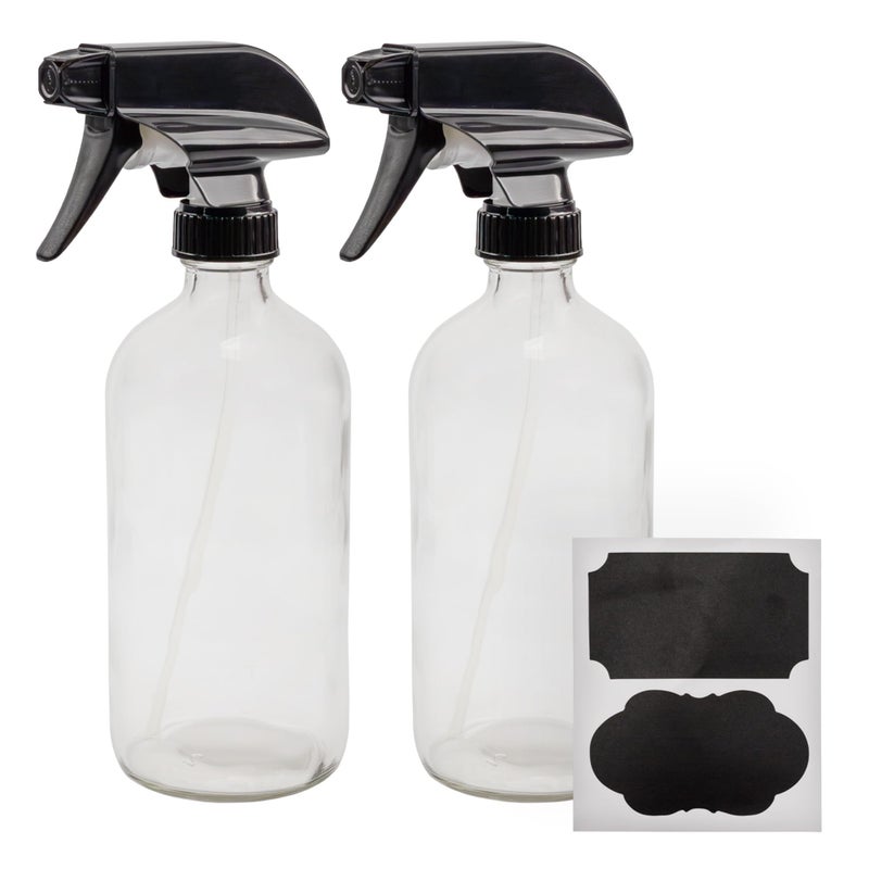 Cornucopia 16oz Clear Glass Spray Bottles wChalk Labels 2 Pack Boston Round Bottles with 3Setting Adjustable Heavy Duty Sprayers