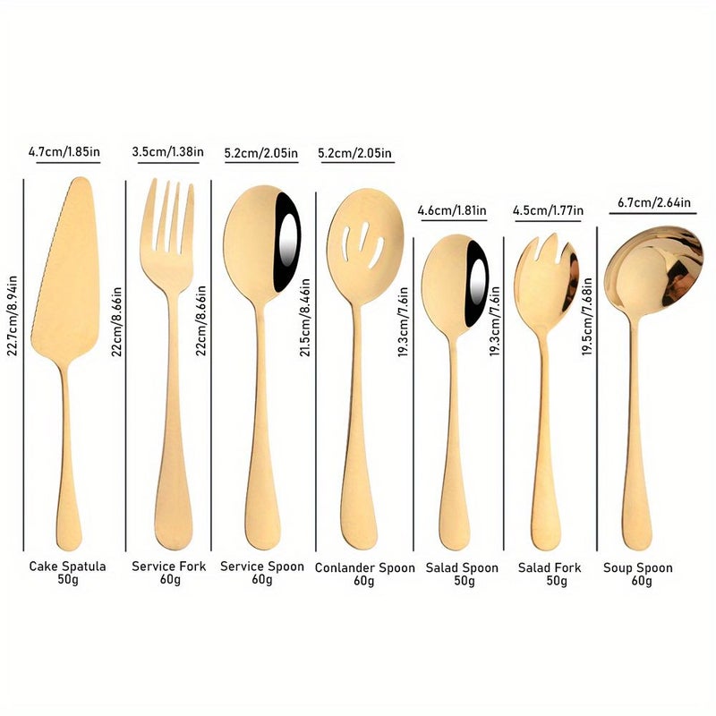 7 Pieces Golden Stainless Steel Cutlery Set Spoons Salad Fork Cake Server - Image 3