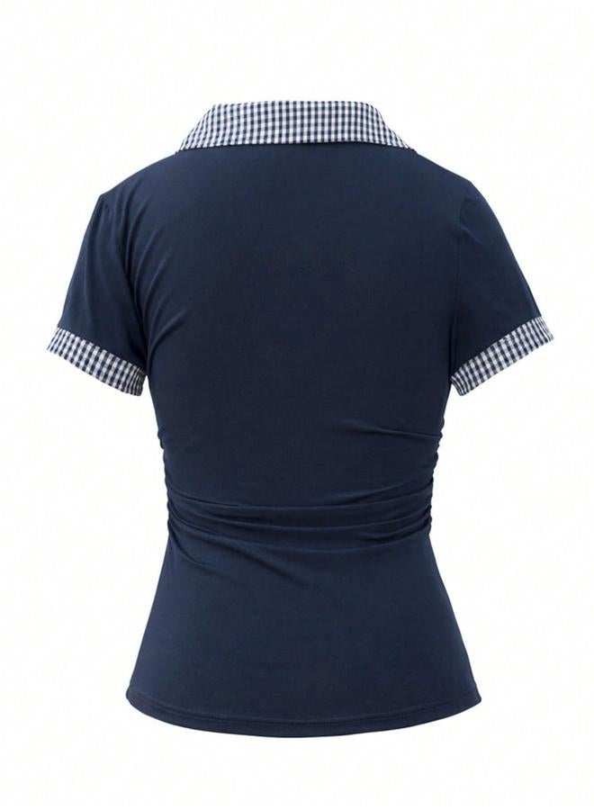 Take Two Navy Plaid Trim Polo Top With Bow Detail - Image 4