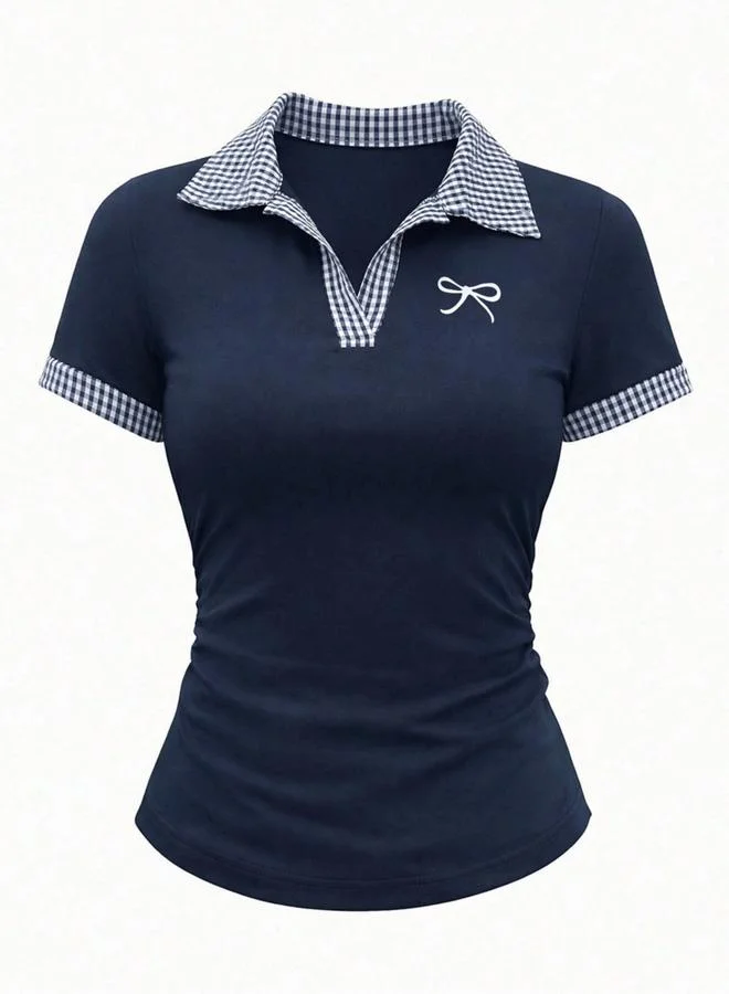 تايك تو Navy Plaid Trim Polo Top With Bow Detail