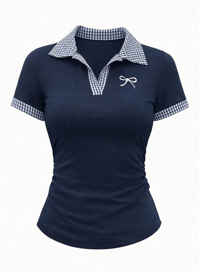 Take Two Navy Plaid Trim Polo Top With Bow Detail - Image 2