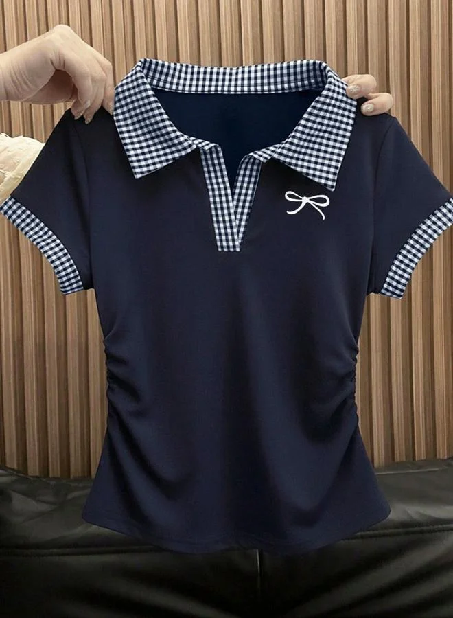 تايك تو Navy Plaid Trim Polo Top With Bow Detail