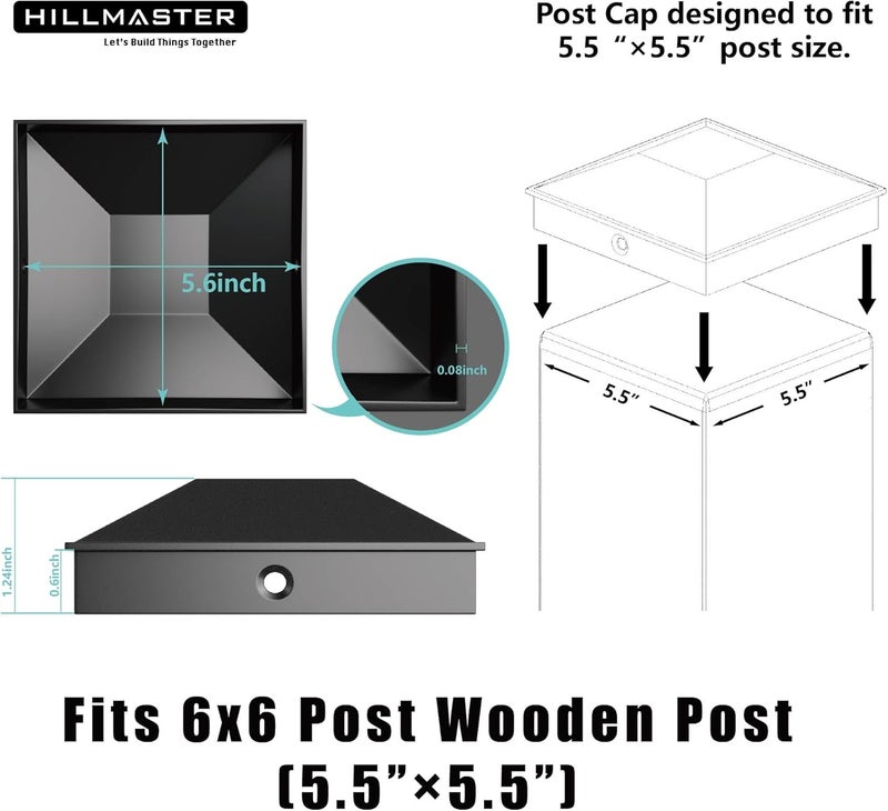 HILLMASTER 6x6 Post Caps for 5.5inx5.5in Wood Fence Post, Water-Proof UV-Proof Weather Resistance Durable PP Plastic Decking Post Top Cap Cover with Mounting Screws, 12 Pcs, Black - Image 2