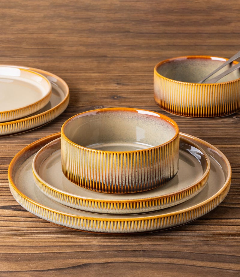TheTerra Ceramic Dinnerware Sets for 4, 12 Pieces Porcelain Lightweight Plates and Bowls Sets, Scratch Resistant Dish Set, Oven & Microwave & Dishwasher Safe, Creamy Amber - Image 4