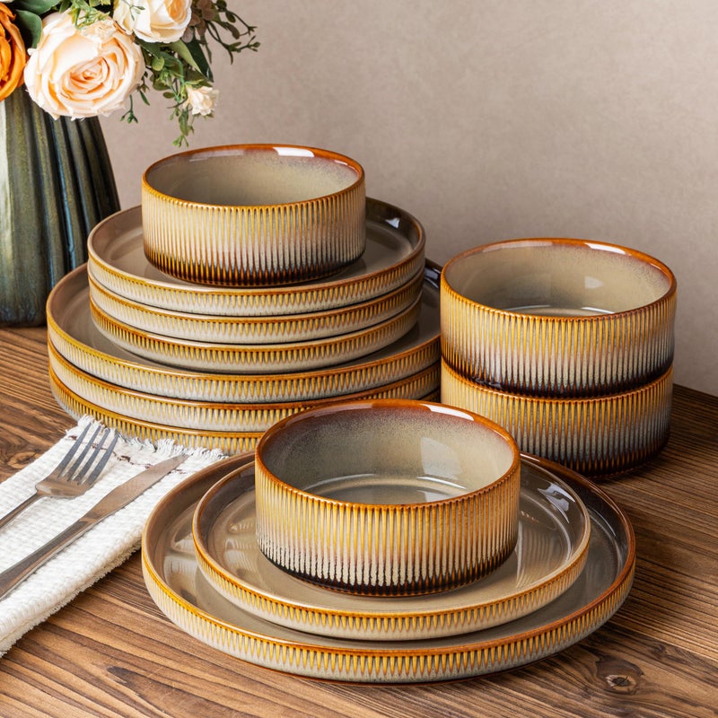 TheTerra Ceramic Dinnerware Sets for 4, 12 Pieces Porcelain Lightweight Plates and Bowls Sets, Scratch Resistant Dish Set, Oven & Microwave & Dishwasher Safe, Creamy Amber - Image 1