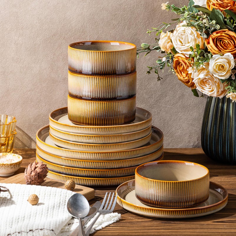 TheTerra Ceramic Dinnerware Sets for 4, 12 Pieces Porcelain Lightweight Plates and Bowls Sets, Scratch Resistant Dish Set, Oven & Microwave & Dishwasher Safe, Creamy Amber - Image 5