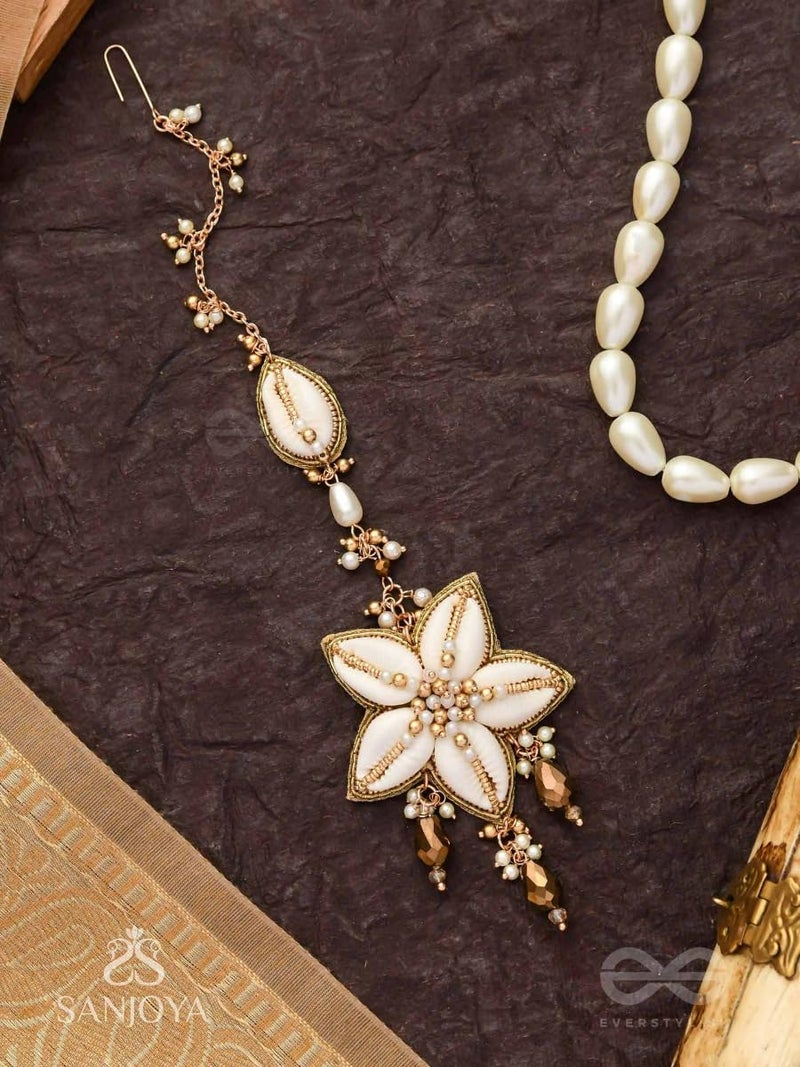 SANJOYA by EVERSTYLISH Embroidered Maangtika for Women | Shell, Beads & Glass Drop Statement Headpiece | Ethnic Jewelry for Weddings, Festivals & Special Occasions - Image 3