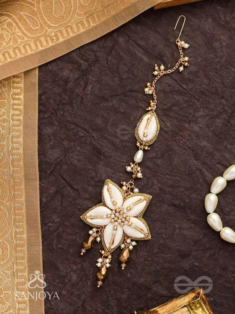 SANJOYA by EVERSTYLISH Embroidered Maangtika for Women | Shell, Beads & Glass Drop Statement Headpiece | Ethnic Jewelry for Weddings, Festivals & Special Occasions - Image 2