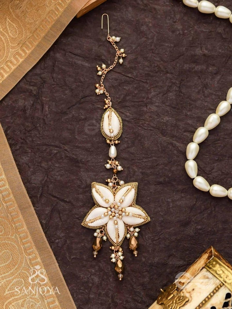 SANJOYA by EVERSTYLISH Embroidered Maangtika for Women | Shell, Beads & Glass Drop Statement Headpiece | Ethnic Jewelry for Weddings, Festivals & Special Occasions - Image 4