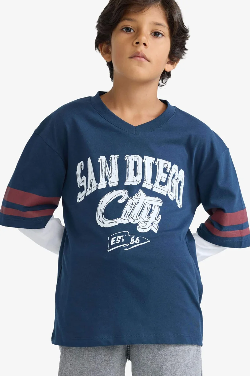 ديفاكتو Boy Oversize V Neck Printed Long Sleeve T-Shirt