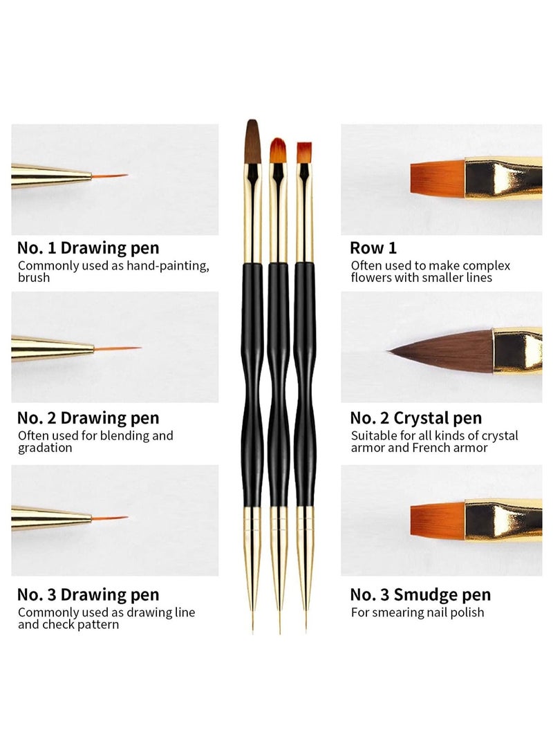 الأزرق جي دبليو Nail Brush, 3 Pack Art Pen Black Rod Small Waist Multi-function Double-headed Dual-purpose Tracing Pen, Gel Brush for Nails Home UV Accessories - Image 2