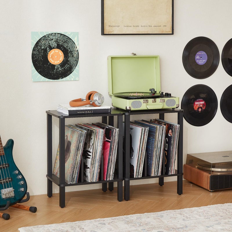 LELELINKY 2-Tier Record Player Stand with Vinyl Record Storage up to 100 Albums, Bedroom Record Holder and Multi-Functional End Table for Living Room, Black - Image 2