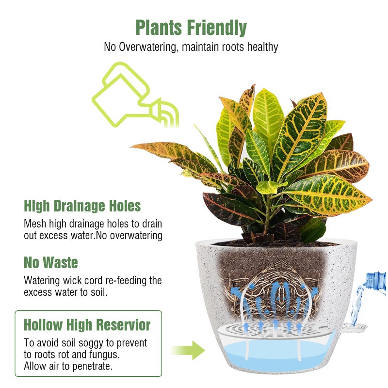 UOUZ Large Self Watering Pots, 12/10/9 Plastic Planters with High Drainage Holes and Deep Reservoir for Indoor Outdoor Garden Plants and Flowers, White Speckles - Image 3