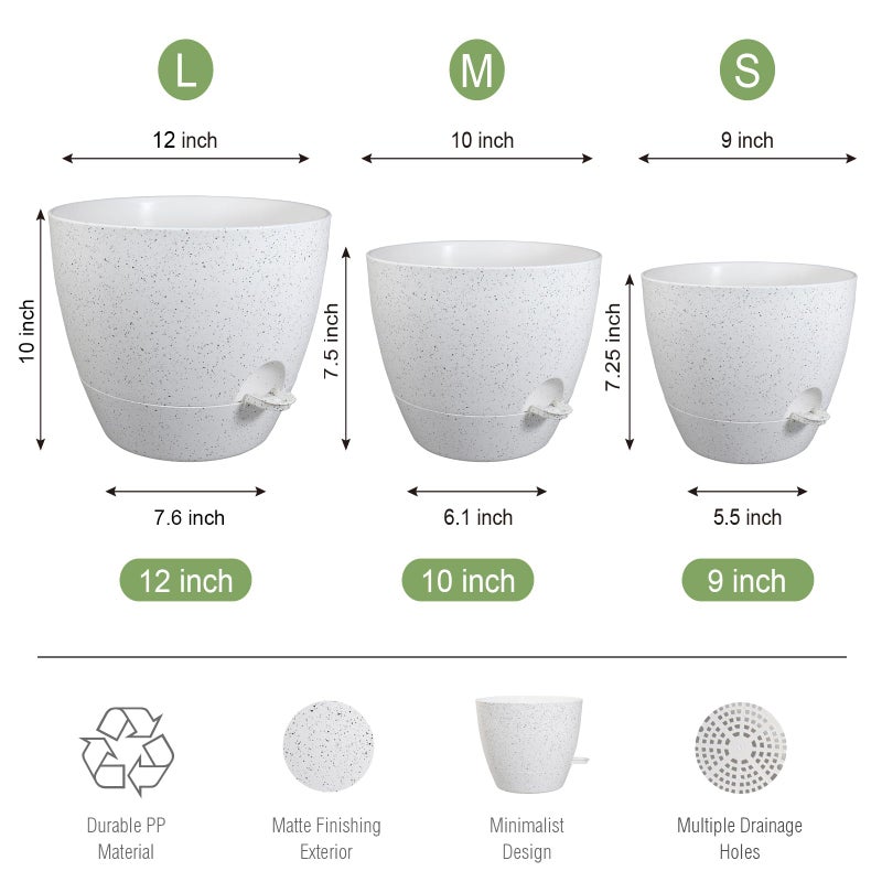 UOUZ Large Self Watering Pots, 12/10/9 Plastic Planters with High Drainage Holes and Deep Reservoir for Indoor Outdoor Garden Plants and Flowers, White Speckles - Image 2