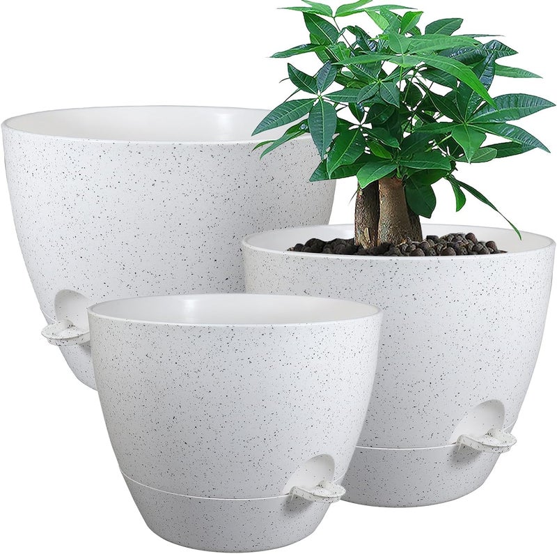 UOUZ Large Self Watering Pots, 12/10/9 Plastic Planters with High Drainage Holes and Deep Reservoir for Indoor Outdoor Garden Plants and Flowers, White Speckles - Image 1
