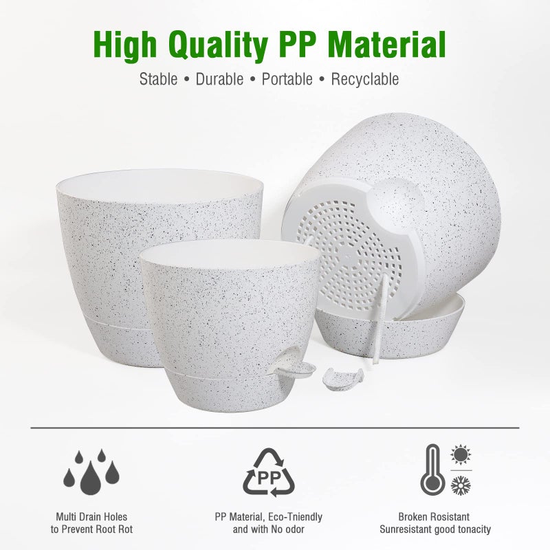 UOUZ Large Self Watering Pots, 12/10/9 Plastic Planters with High Drainage Holes and Deep Reservoir for Indoor Outdoor Garden Plants and Flowers, White Speckles - Image 5