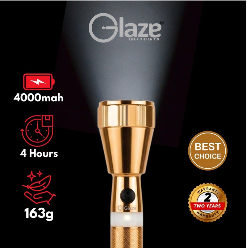 جليز مصباح يدوي LED قابل لإعادة الشحن بقوة عالية | مصباح جليز قابل للشحن عبر USB، بطارية طويلة العمر، شعاع مركز ومشرق، مصباح محمول للاستخدام في الطوارئ للتخييم، الهواء الطلق والمنزل – ذهبي - Image 5