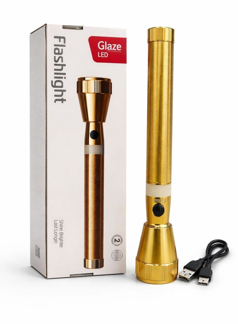 جليز مصباح يدوي LED قابل لإعادة الشحن بقوة عالية | مصباح جليز قابل للشحن عبر USB، بطارية طويلة العمر، شعاع مركز ومشرق، مصباح محمول للاستخدام في الطوارئ للتخييم، الهواء الطلق والمنزل – ذهبي - Image 2