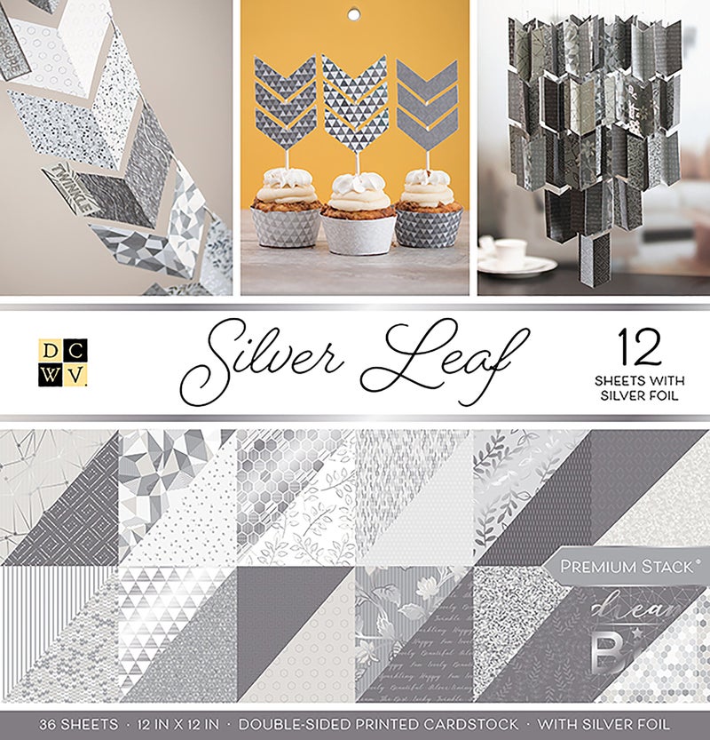 DCWV Printed Cardstock Paper 12x12, 36 Sheets of Scrapbook Paper for Crafts and Card Making, Double Sided Heavy Duty Cardstock with Foil Accents - Silver Leaf - Image 1