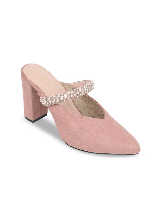 She Zone صنادل مزينة بلون الخوخ بكعب كتلة للنساء - Image 2