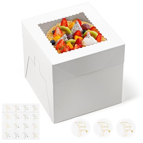 ZORRITA 4 Pack Cake Boxes 8 x 8 x 8 Inches Tall Bakery Box with Window and Stickers Disposable Cake Containers for Wedding Birthday Party - Image 1