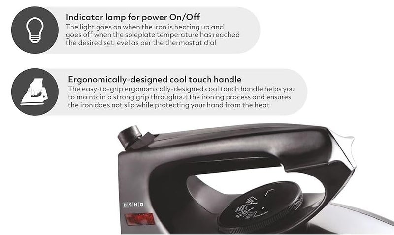 Usha Aluminium 2801 750Watt Dry Iron Metal Body | Linished Soleplate | Thermal Safety Fuse | 180° Swivel Cord | 1 Years Warranty | (Black), 750 Watts - Image 5