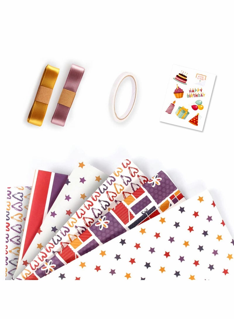 Excefore Wrapping Paper,Eco Kraft Birthday Wrap Paper,Love Heart Striped Stars Wrap Paper,Recycled Premium Gift Wrapping Paper for Birthday,Holiday,Party,12PCS - Image 1