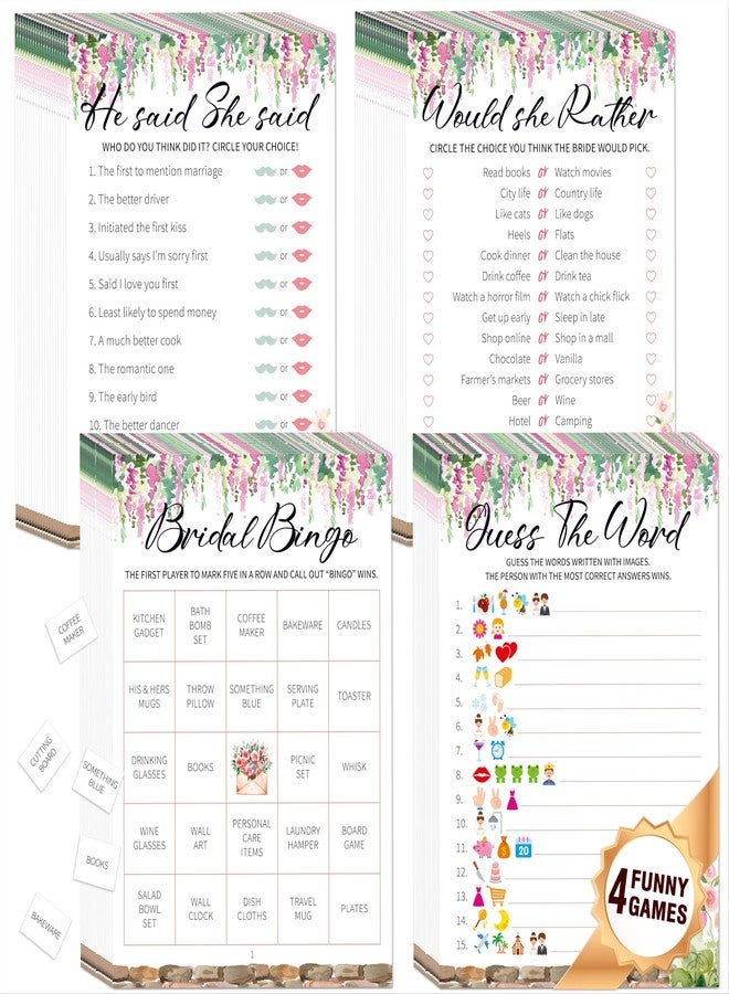 Gethelud Bridal Shower Game Set, 4 Fun Games & Activities - Bingo Game/Would She Rather/He Said, She Said/Guess The Word for 30 Guests, All-in-one Set Wedding Party Supplies - Image 1