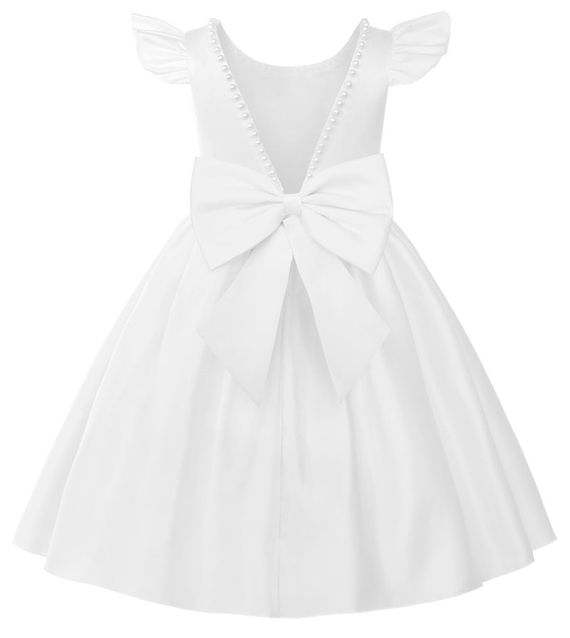 Uhnice Flower Girl Pearl Dress Flutter Sleeve V-Back Satin Dress with Bowknot for Wedding Birthday Party (White, 110/4-5 Years) - Image 1