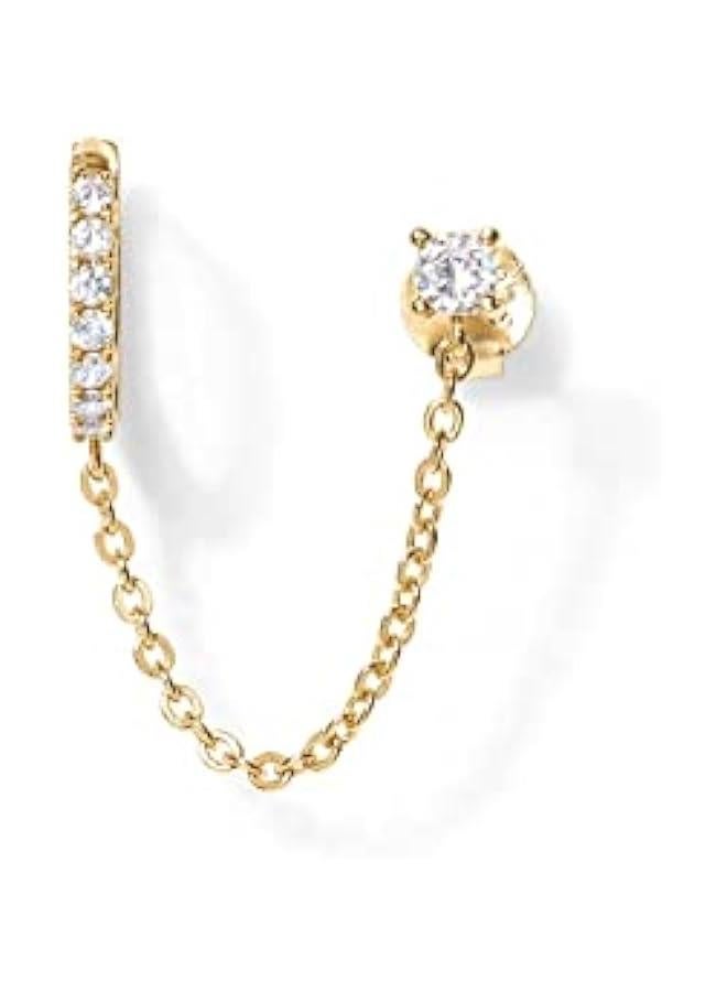 PAVOI 14K Gold Chain Earrings for Women | Double Piercing Dangle Chain Huggie Hoop Earrings | Cubic Zirconia Pearl Stud Ear Cuff Earrings for Women  - Image 3