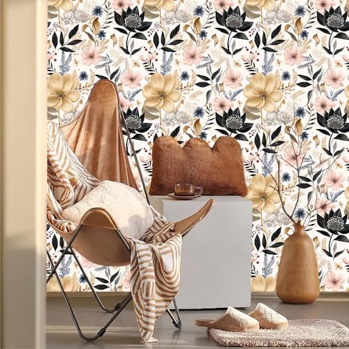 MuralPeel White/Pink/Gold Floral Garden Black Blue Flowers Vintage Peel and Stick Wallpaper Self Adhesive Removable Easy Peel Off Contact Paper Stick on Wall Paper for Bedroom Cabinet Renter Friendly - Image 2