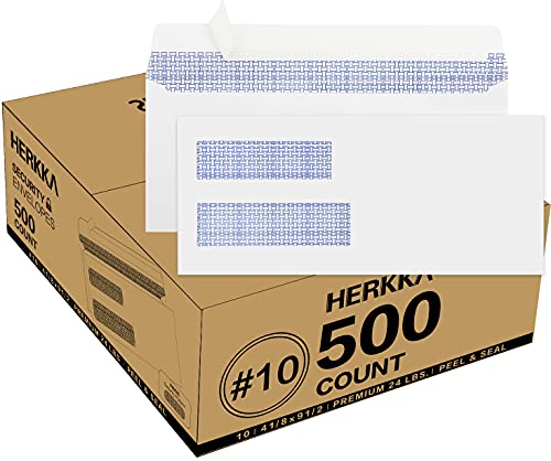 HERKKA 500 Pack #10 Double Window Security Self-Seal Envelopes - Suitable Size for Multiple Business Statements, Quickbooks Invoices, and Return Envelopes, Size 4-1/8 x 9-1/2 - White - 24 LB - Image 1