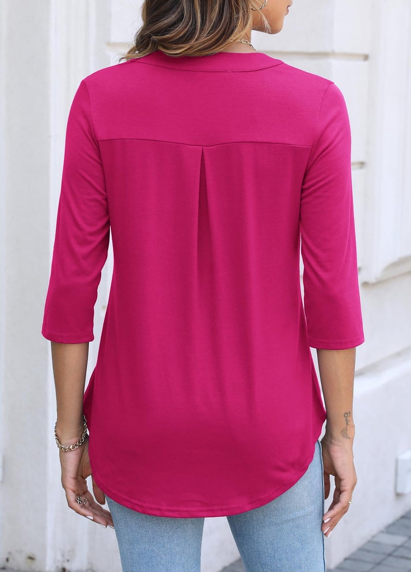 Halife Work Blouses for Women 3/4 Sleeve Zip Flowy Business Casual Tops Summer Outfits Hot Pink XXL - Image 5