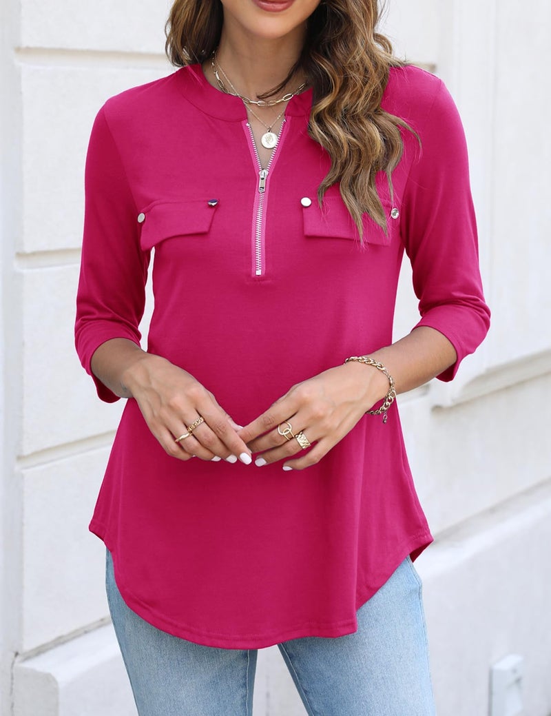 Halife Work Blouses for Women 3/4 Sleeve Zip Flowy Business Casual Tops Summer Outfits Hot Pink XXL - Image 3