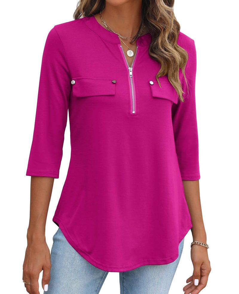 Halife Work Blouses for Women 3/4 Sleeve Zip Flowy Business Casual Tops Summer Outfits Hot Pink XXL - Image 1