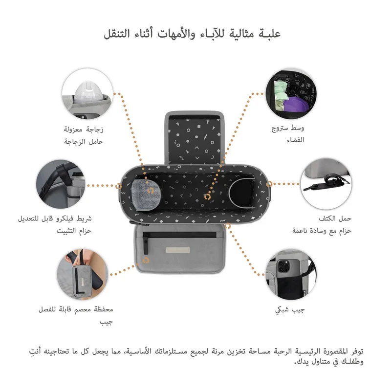 نيوبريز منظم عربة أطفال فيرا العالمي | حقيبة عربة أطفال معلقة للسفر مع حامل أكواب معزول، حاملات زجاجات | جيب للهاتف | يناسب جميع العربات | منظم عربة أطفال وعربة أطفال
