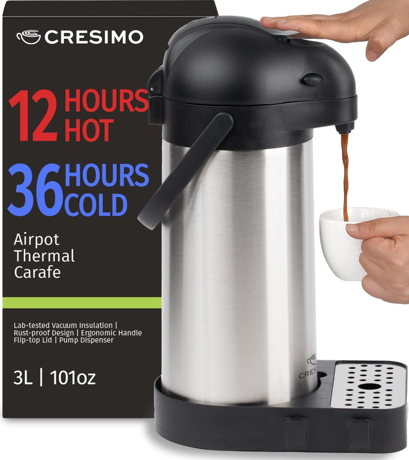 Cresimo Airpot Coffee Dispenser with Pump & Tray - 102oz/3L Coffee Carafe with Pump - 12 Hours Hot Drink Dispenser for Parties - Stainless Steel Thermal Carafe for Hot Cocoa Bar -Easy-to-Use Insulated Pitcher - Image 2