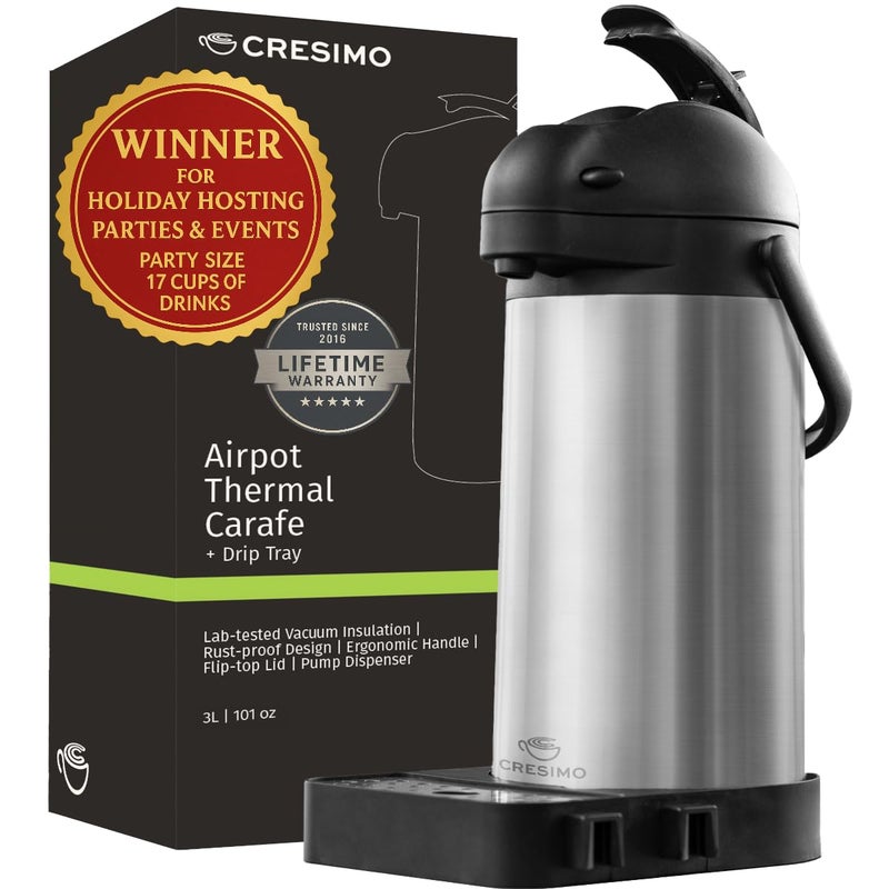 Cresimo Airpot Coffee Dispenser with Pump & Tray - 102oz/3L Coffee Carafe with Pump - 12 Hours Hot Drink Dispenser for Parties - Stainless Steel Thermal Carafe for Hot Cocoa Bar -Easy-to-Use Insulated Pitcher - Image 1