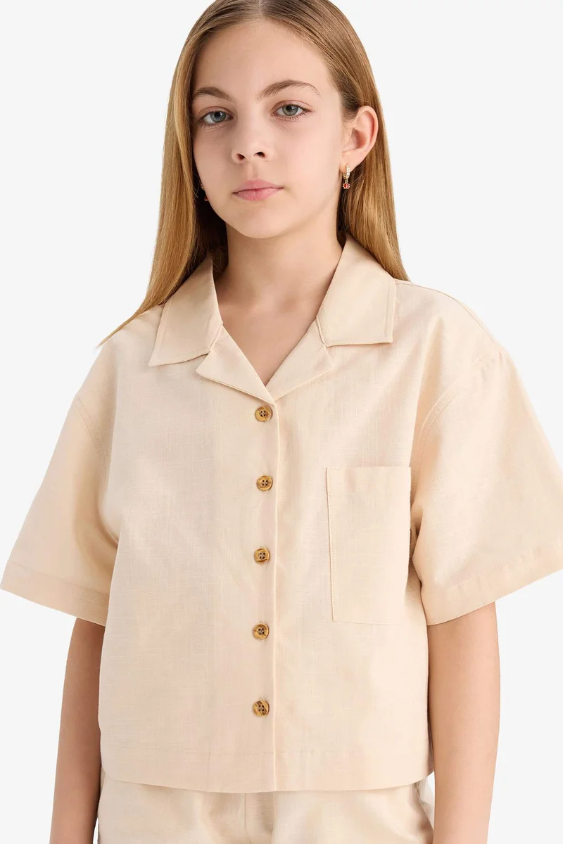 DeFacto Girl Linen Short Sleeve Crop Shirt