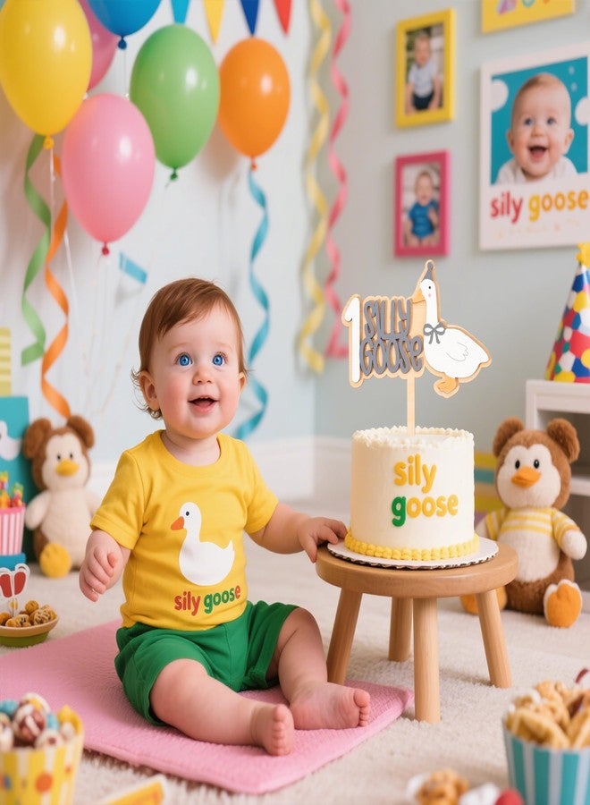 BOOMPA One Silly Goose Cake Topper For Boys - Goose Theme 1st Birthday Wooden Decorations, Grey Style 1st Cake Topper For Babys, One Silly Goose First Birthday Decor (HSDE-MZCQ) - Image 4