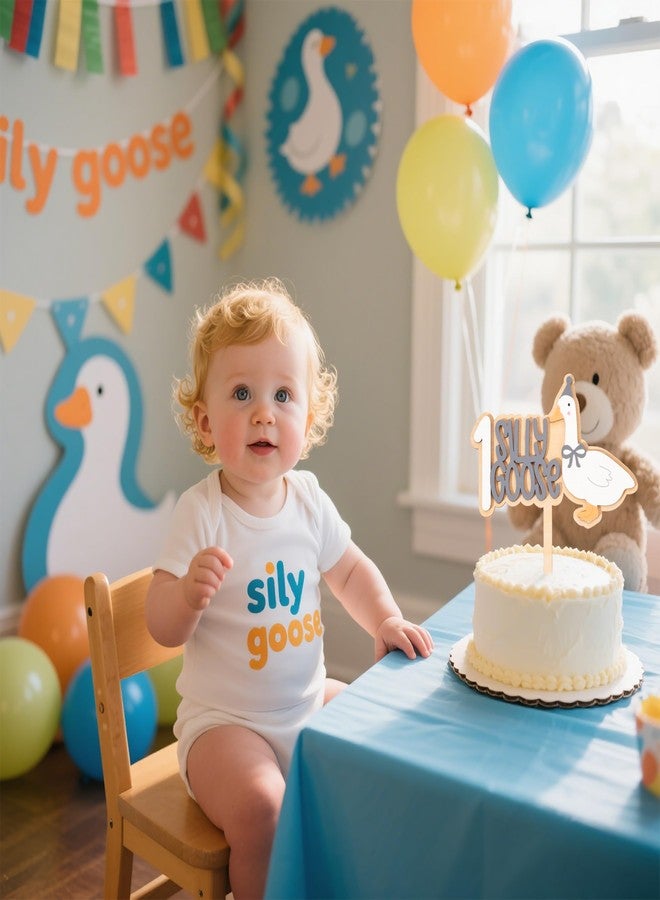 BOOMPA One Silly Goose Cake Topper For Boys - Goose Theme 1st Birthday Wooden Decorations, Grey Style 1st Cake Topper For Babys, One Silly Goose First Birthday Decor (HSDE-MZCQ) - Image 3