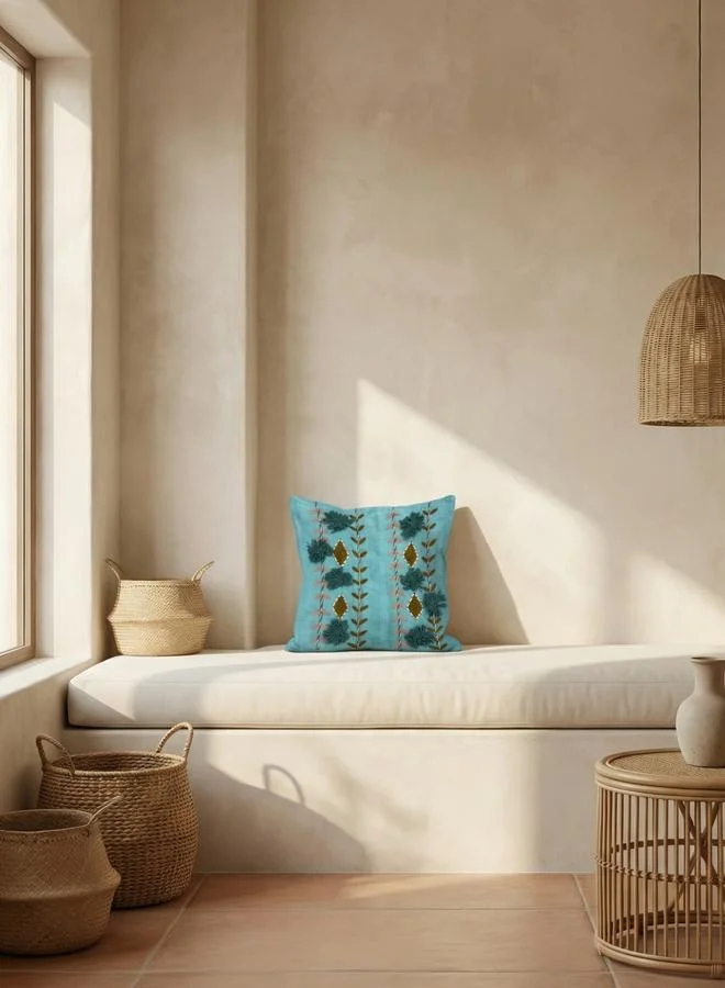 Sanskrutihomes Turquoise Blue Embroidered Cotton Cushion Cover, Medium