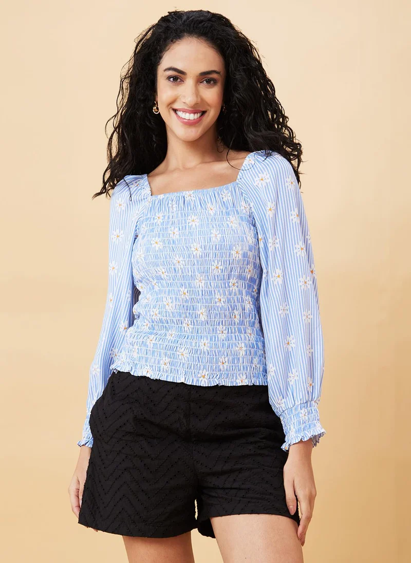 globus Globus Women Blue Floral Printed Smocked Puff Sleeve Top