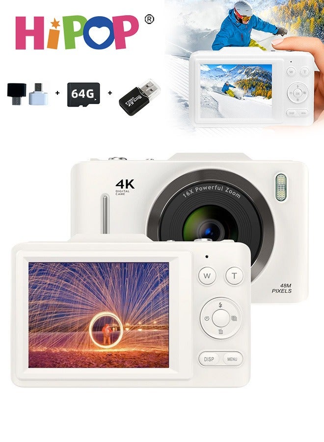HIPOP 48 MP Digital Camera, 4K High-Definition Kid's Camera, with Long Lasting Endurance Batteries, 16X Zoom , Lanyard,64 GB Memory Card and Card Reader, Compact Size,Best Birthday Gift for Boys and Girls (White) - Image 1