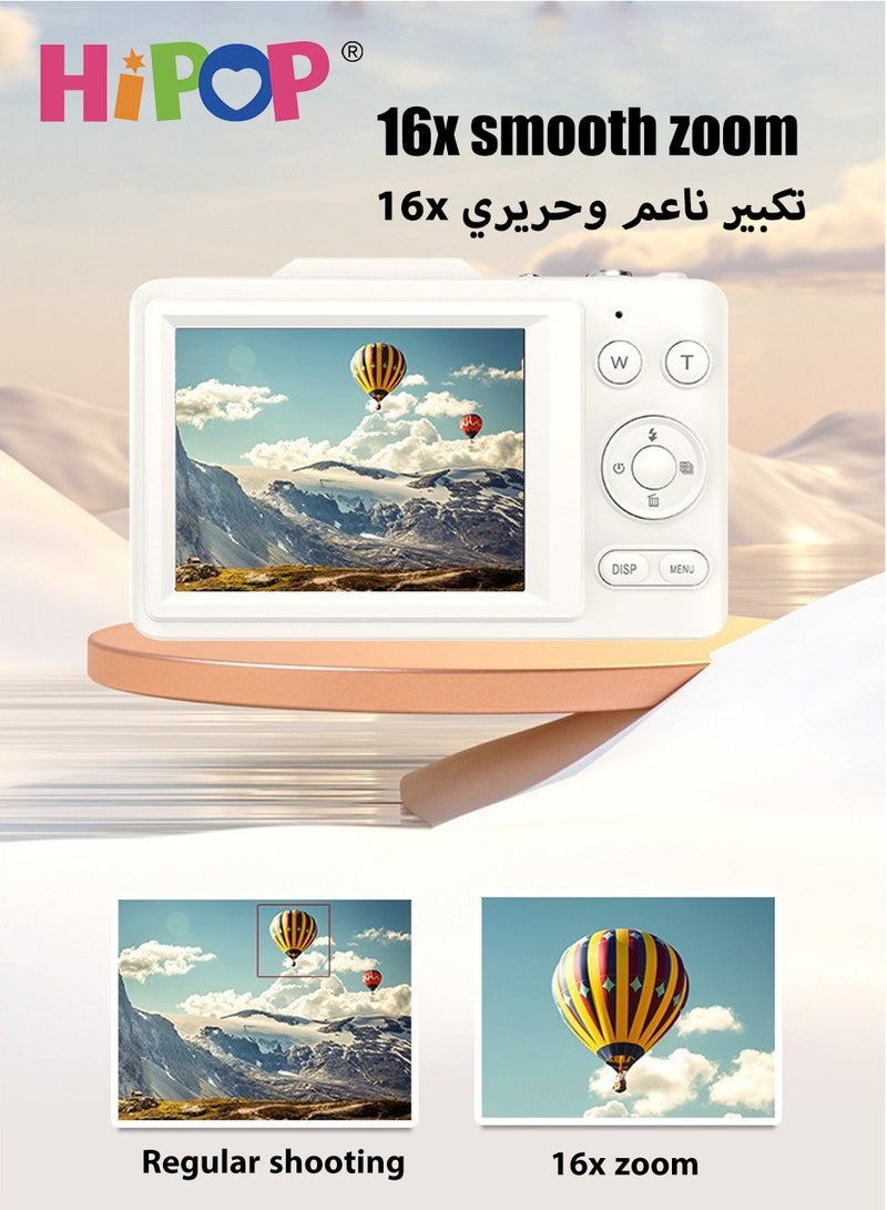 HIPOP 48 MP Digital Camera, 4K High-Definition Kid's Camera, with Long Lasting Endurance Batteries, 16X Zoom , Lanyard,64 GB Memory Card and Card Reader, Compact Size,Best Birthday Gift for Boys and Girls (White) - Image 2