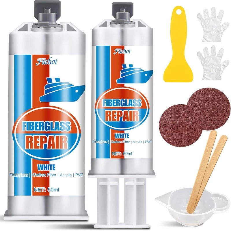 Fuchoi Fiberglass Repair Kit, 100ml White Gel Coat Repair Kit for Boats, Marine Fiberglass Resin Kit for Fixing Holes, Chips, Cracks in Boats, Yacht, Surfboard, Acrylic, Porcelain, Ceramic, Fiberglass Filler - Image 1