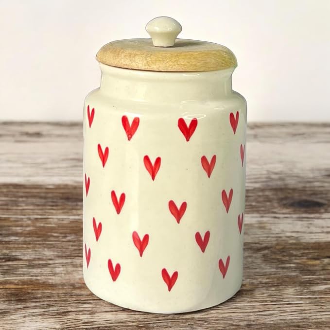 ClayStone Airtight Ceramic Jars (Pack of 2) - 900ml Each - Wooden Lid - Kitchen Containers for Sugar, Tea, Salt, Pickles, Pulses & More (Red Heart) - Image 4
