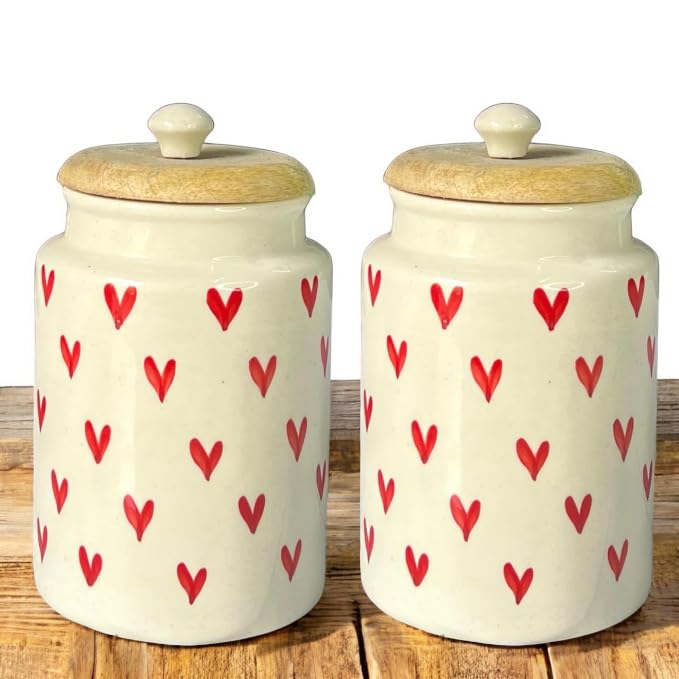 ClayStone Airtight Ceramic Jars (Pack of 2) - 900ml Each - Wooden Lid - Kitchen Containers for Sugar, Tea, Salt, Pickles, Pulses & More (Red Heart) - Image 3