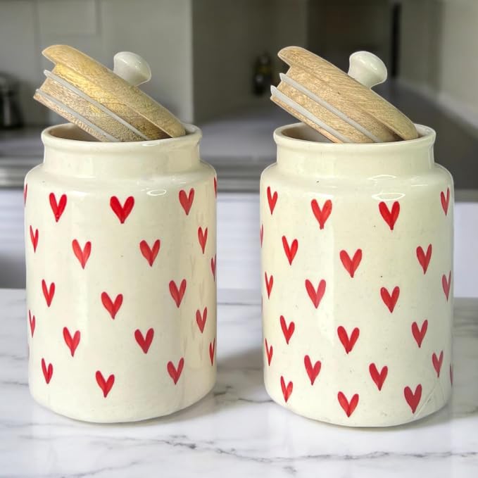 ClayStone Airtight Ceramic Jars (Pack of 2) - 900ml Each - Wooden Lid - Kitchen Containers for Sugar, Tea, Salt, Pickles, Pulses & More (Red Heart) - Image 2